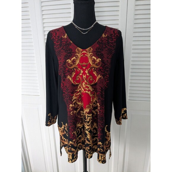 Susan Graver Tunic Top Womens M Red Black Gold Damask Print Glamcore Maximalist - Picture 1 of 11